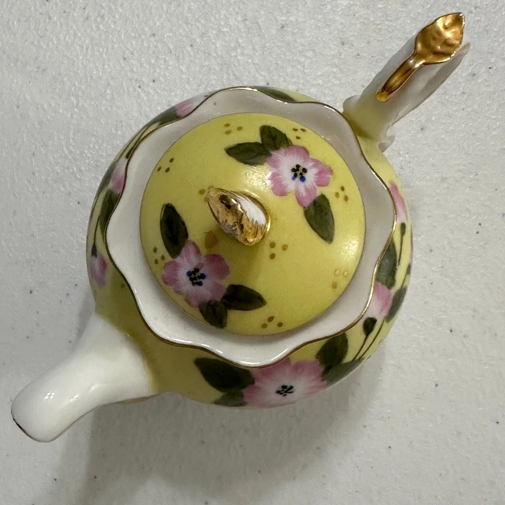 Miniature Decorative Teapot Floral Hand Painted Gold Trim Porcelain Yellow VTG